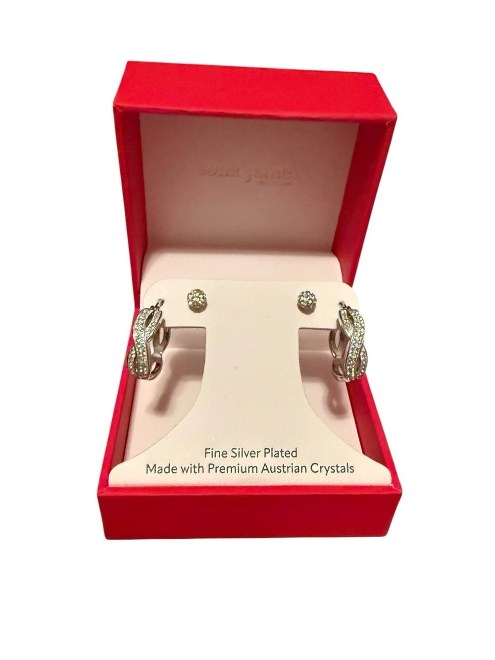 Silver Hoop Earrings Wave Design Crystal Accents Stud Set